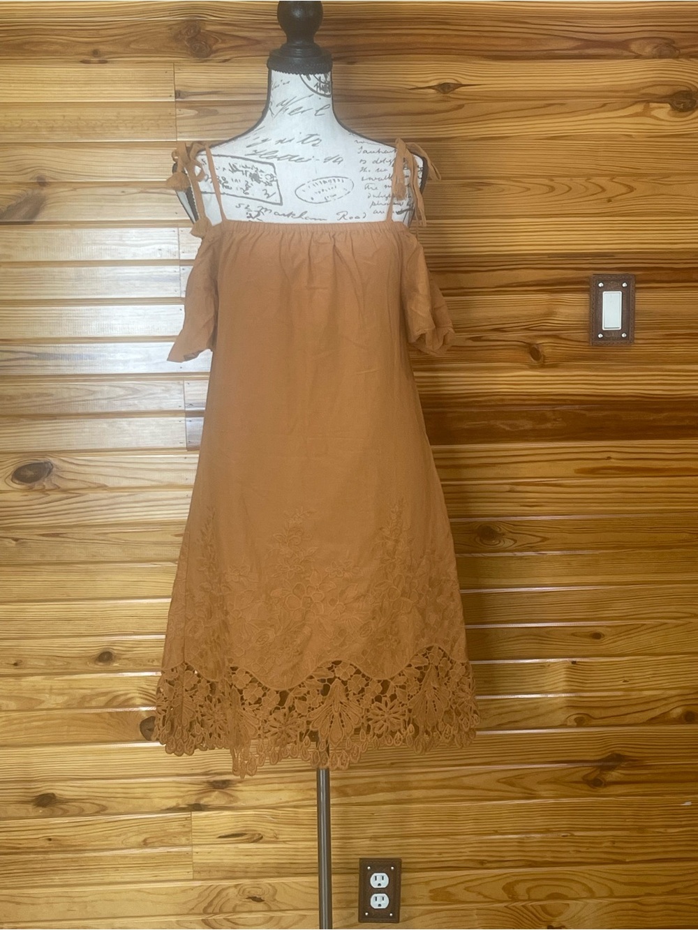 Madewell Rust Brown Off-Shoulder Mini Dress with Lace Hem